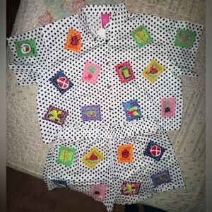 QUEEN OF SPARKLES White Polka Dot Set with Multicolor Sequined Travel Stamps.